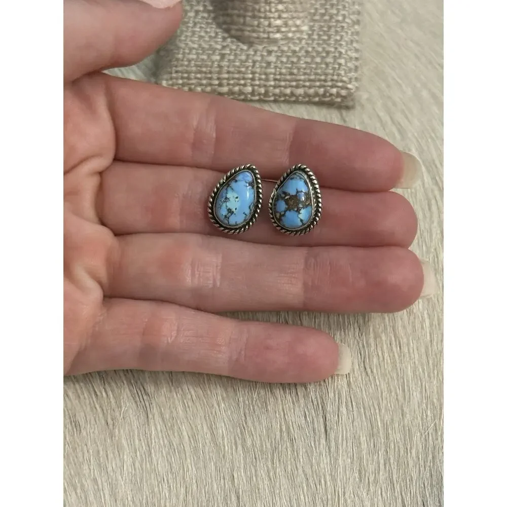 Sterling Silver Blue Golden Hills Turquoise Tear Drop Braided Stud Post Earrings